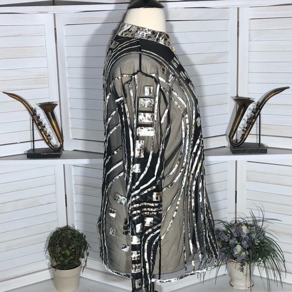 Berek Cocktail Blouse Zippered Sheer Mesh Black Gold Silver 3X - Picture 3 of 11
